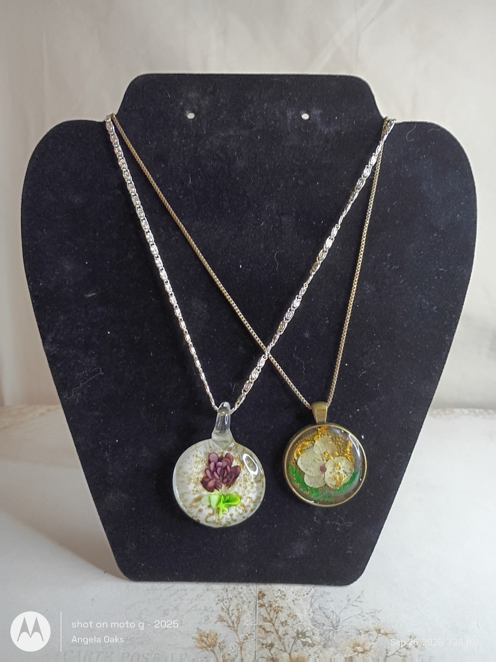 Two Necklaces Handmade Floral Resin Pendant Necklace - Purple & Gold Accents